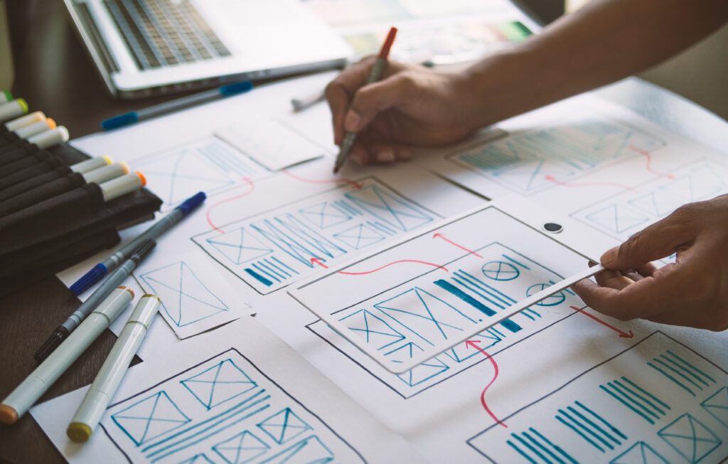 ux Graphic designer creative  sketch planning application process development prototype wireframe for web mobile phone . User experience concept.