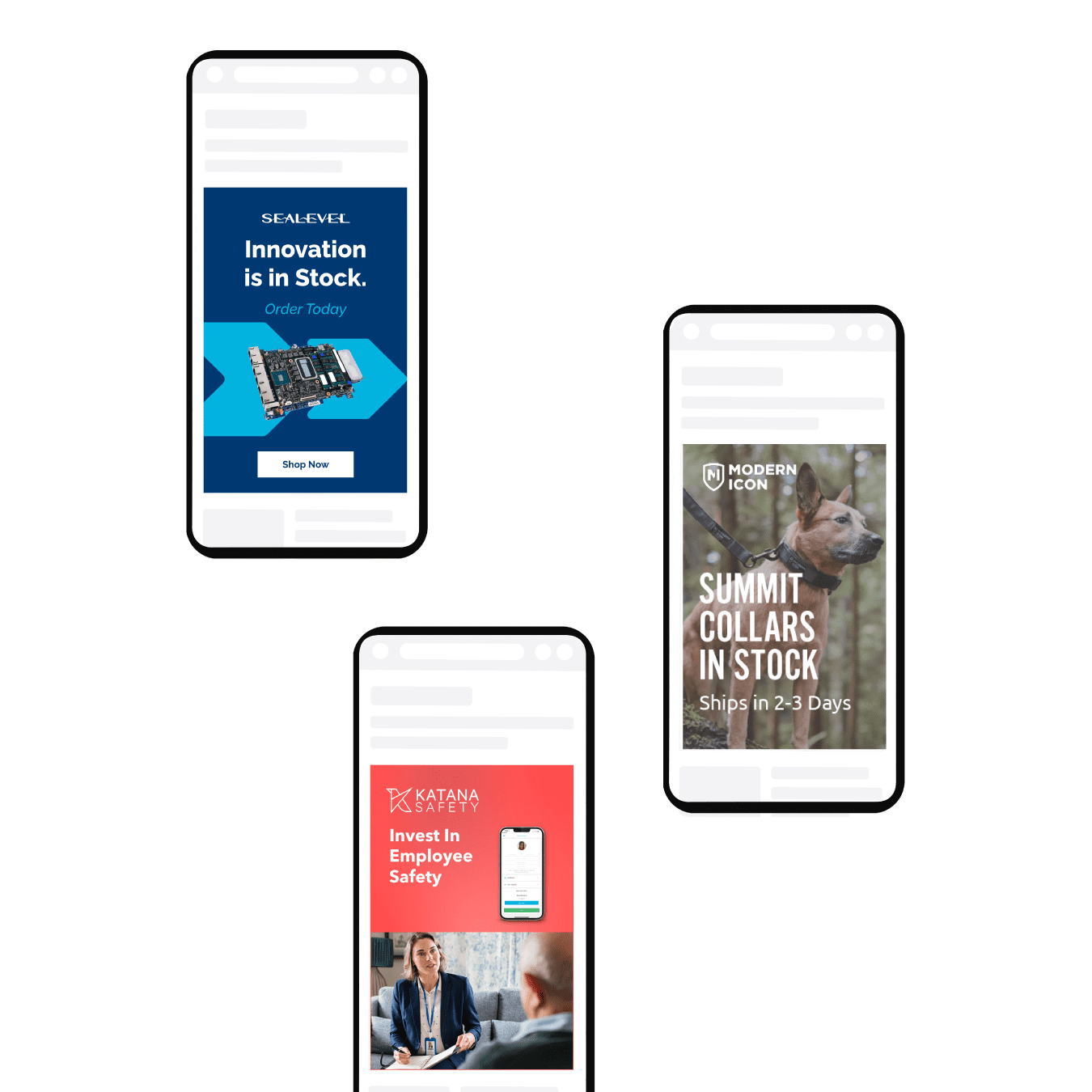 A collage of three mobile phone screens: the top left displays a SeaLevel ad with "Innovation is in Stock. Order Today" and a "Shop Now" button featuring a circuit board image; the top right shows a Modern Icon ad for "Summit Collars in Stock, Ships in 2-3 Days" with a dog wearing a collar; the bottom screen displays a Katana Safety ad with "Invest In Employee Safety" featuring a professional with a client and a mobile app image.