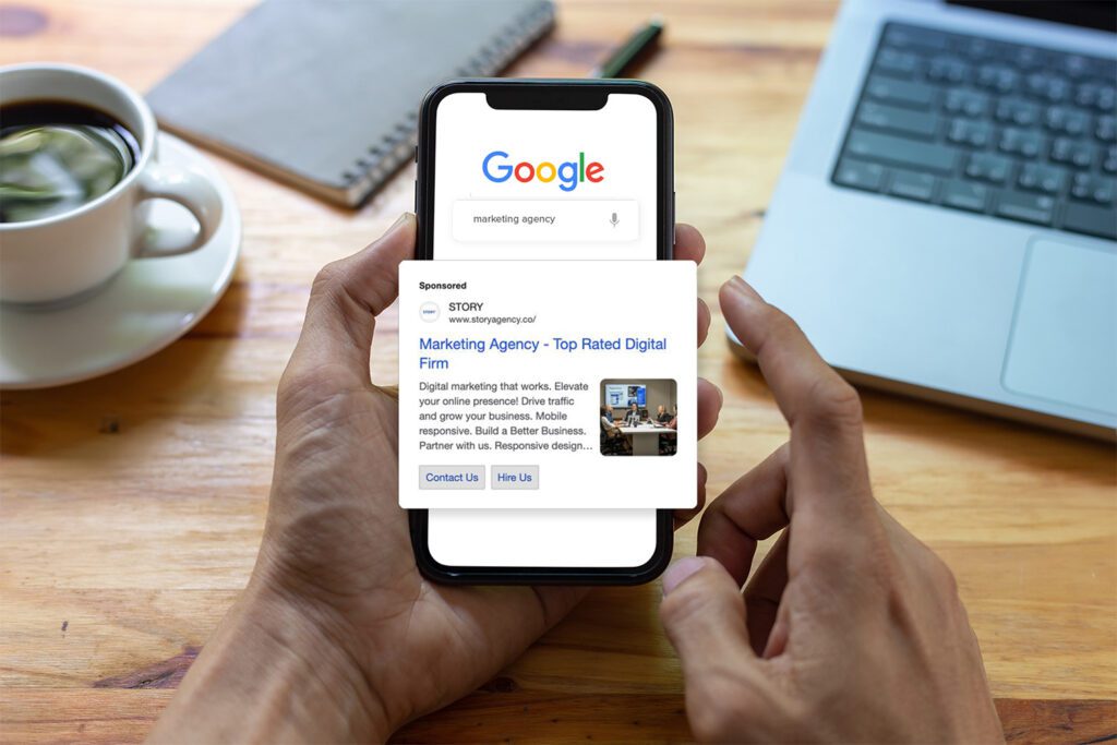 Person viewing a google search ad on their phone